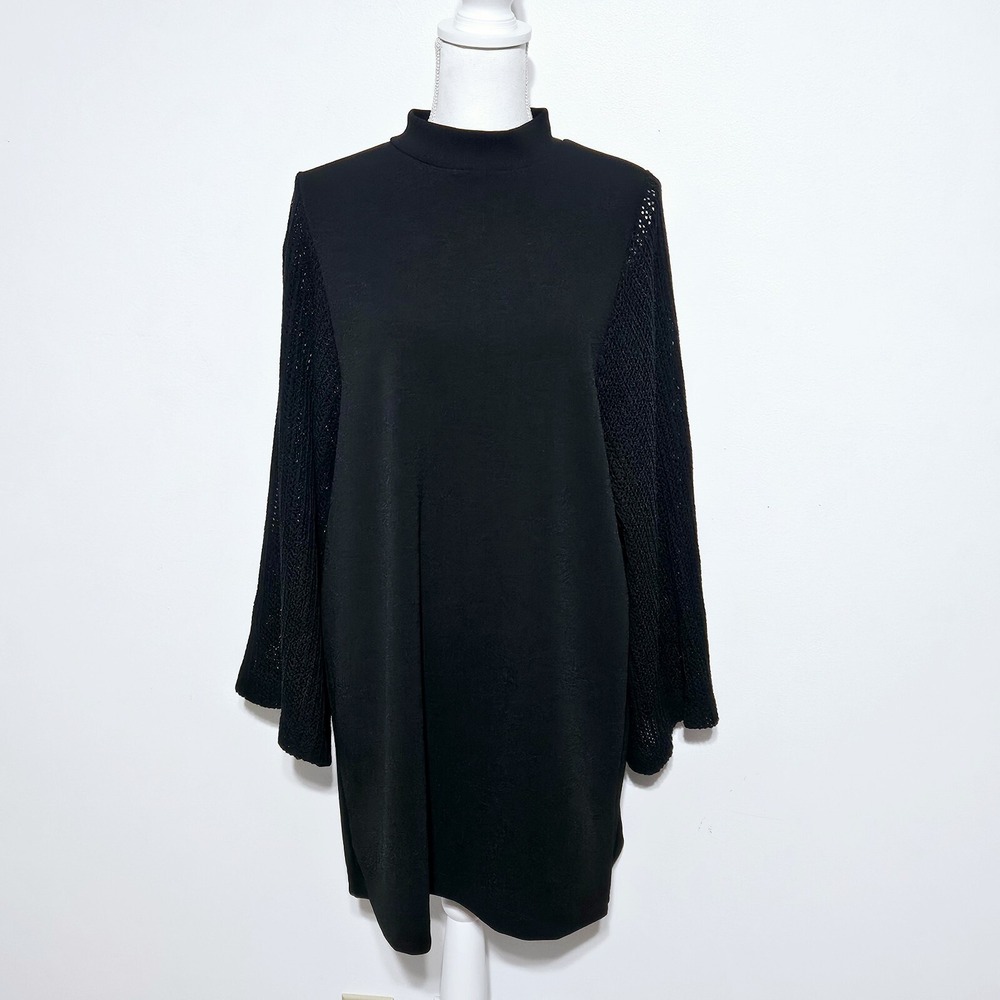 Zara Shift Dress Size M Black Jersey Knit With Contrast Loose Knit Bell Sleeve